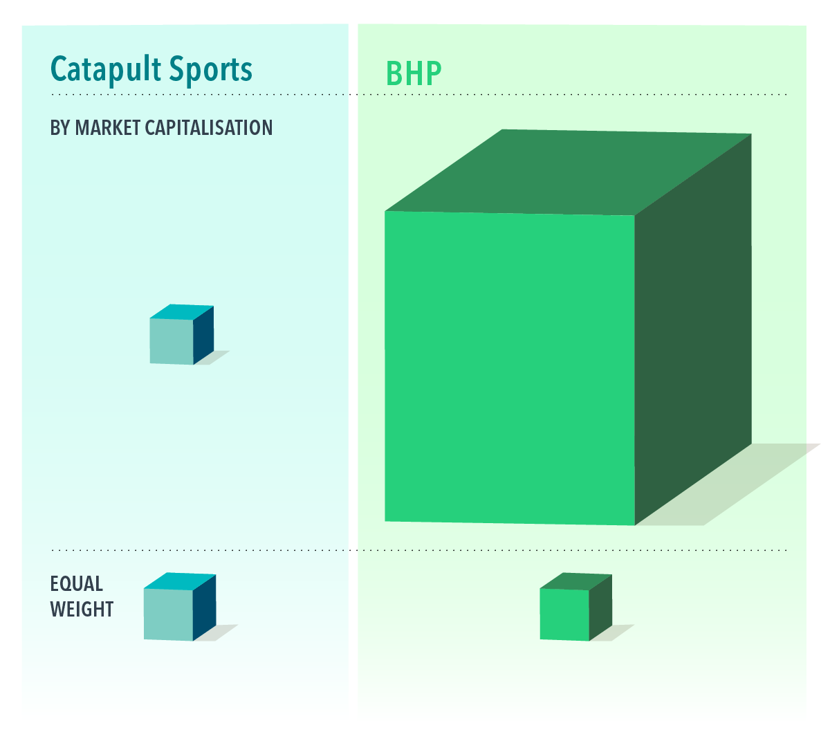 Illustration demonstrating the difference between weighting by market capitalisation and equal weighting for Catapult Sports and BHP, as described in the text