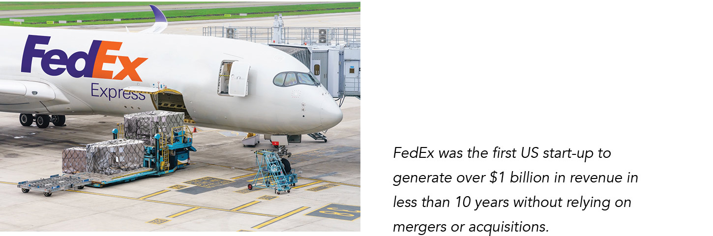 A FedEx Express cargo plane sits on a tarmac as boxes are loaded into it. Caption reads: FedEx was the first US start-up to generate over $1 billion in revenue in less than 10 years without relying on mergers or acquisitions.