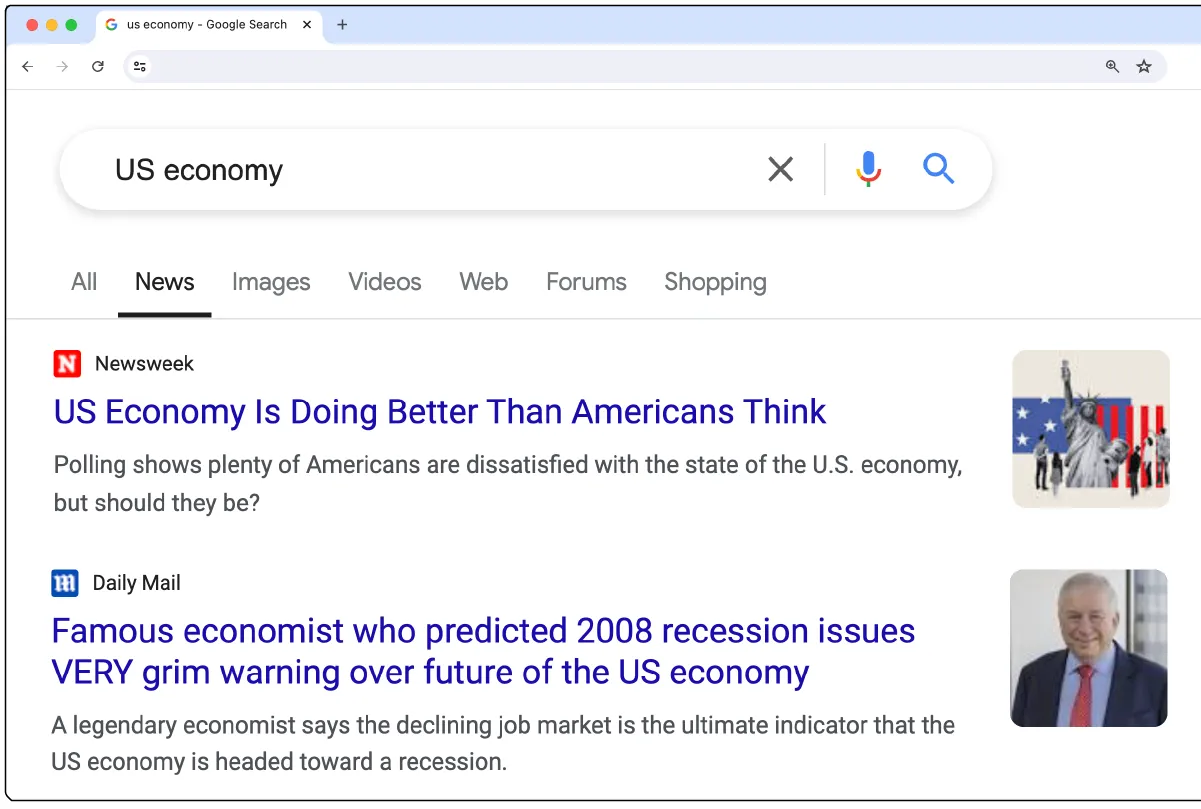 An image of a screenshot showing an internet search for “US economy” and the top two results, which are headlines from Newsweek and Daily Mail. The Newsweek headline says: US Economy Is Doing Better Than Americans Think. To its right is a graphic collage of the Statue of Liberty, a group of people, and a representation of the American flag. The Daily Mail headline says: Famous economist who predicted 2008 recession issues VERY grim warning over future of the US economy. To its right is a photograph of the economist.